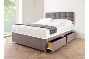 DivanBedsDeals Double Grey Storage Divan Bed Set With Spring Memory Foam Mattress and Linen look Fabric Matching Headboard |4FT6 Double (135cm X 190cm)-2 Storage Drawers