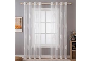 MIULEE Rideaux Voilage Blanc avec Beau Motif de Feuilles Décoratifs, Intérieurs Rideau Voile Brodé a Oeillets Largeur 140 CM Hauteur 225, Transparent Voilage Fenetre Design Moderne Chambre Salon