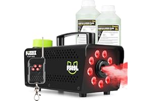 Fuzzix F509L máquina de humo mini con efecto de luz con 9 LEDs RGB y 2 litros de líquido de niebla, 500W con mando a distancia, máquina de humo fiesta, máquina de humo, máquina de humo Halloween