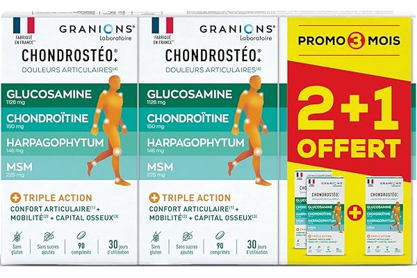 GRANIONS CHONDROSTEO ARTICULATIONS - Glucosamine Chondroïtine, MSM, Harpagophytum - Calcium -Triple Action: Souplesse, Flexibilité, Mobilité -Lot de 3x90 Comprimés