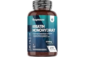 ‎WEIGHTWORLD Creatin Monohydrat Tabletten - 3000mg pro Portion - 270 Kreatin Vegan Tablets - 3 Monate Vorrat - Creatine - 3 Kreatin Monohydrat Tabletten pro Tag - Frei von Gluten & Magnesiumstearat - WeightWorld