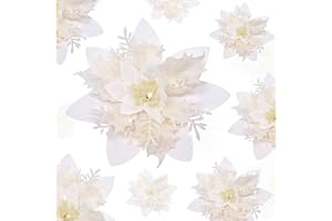 YSUVIN Fiori di Natale Decorare, 10 Pcs Bianco Albero di Natale Decorazioni Glitter, Artificiali con 10 Pcs Clip per Matrimonio Festa Capodanno (14cm)