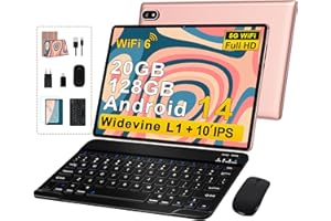 UJJ Tablettes 10 Pouces Tablette Android 14 avec 20Go RAM+128Go ROM(TF/1To), Octa-Core, 5G WiFi 6, Widevine L1, GMS, 5MP+8MP, 1280 * 800, Bluetooth 5.0, Tablette Tactile avec Clavier+Souris et Cas- Rose