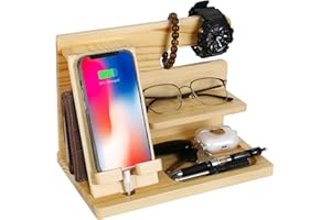 GHIBFBT Geschenke für Männer- Holz Telefon Tablet Stand Nachttisch Organizer, Uhren Geldbörsen Brillen Organisator Valentinstag Jahrestag Geschenke für Papa Ehemann (Die Farbe des ursprünglichen Holzes)