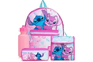 Disney Lilo & Stitch - Juego de mochila escolar de 4 piezas para niños, mochila, fiambrera, estuche y botella de agua, juego de regreso a clases, Pink, Juego de mochila escolar