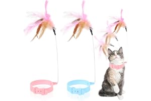 LLOUSSAK 2PCS Cat Collar Toys, Teasing Wand With Silicone Collar, Adjustable Wand Toy, Funny Stick, Interactive Self Playing Toys Feather Bell for Indoor Playing Training (Blue, Pink)