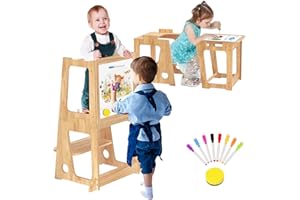 BUEDEHAI Kitchen Step Stool Helper for Kids, Learning Standing Stool with Whiteboard 2 in 1 Convertible Table and Chair, Removable Safety Rail, Widened Platforms for Little Ones Bathroom Sink