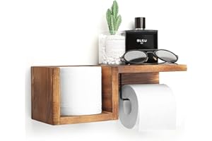 AKKO Wooden Toilet Paper Holder Wall Mount with Shelf - Farmhouse Bathroom Storage Rack for Tissue Rolls, Rustic Bathroom Decor Brown