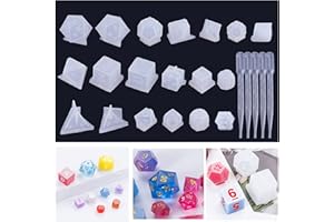 Umisu Kit de Résine Époxy de 19 Styles Dés Polyèdre 3D Moulage DIY Transparent Dés de Jeu Polyédriques avec Chiffres Lettres pour Jeux de Rôle Jeux de Société
