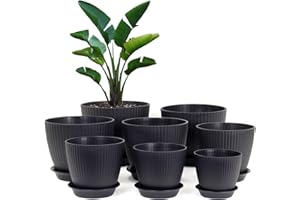Homeuouz 8 Packs Blumentopf mit Untersetzer, 19/17.5/16.5/16/14/13/11.5/10cm Pflanzentopf, Plastik Übertopf, Hydrokultur Topf, Blumentöpfe Set Ideal für Innen und Balkongärten,Schwarz
