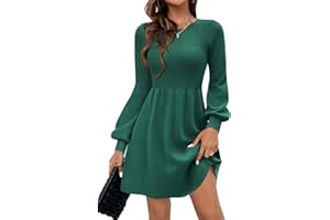 Zeagoo Jumper Dress Women Knitted Dresses Puff Sleeve Round Neck Sweater Dress Elegant High Waist A-Line Mini Dress