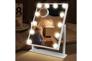 Yontwe Espejo Hollywood con iluminación LED Tipo C y Puerto de Carga USB 12 Luces atenuadoras Espejo de Maquillaje con 3 Modos de luz con iluminación Espejos Hollywood Montaje en Pared Blanco 40x30cm