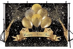 MEHOFOND 7x5ft Happy New Year Backdrop Black And Gold Carnival Party Photography Background Banner Champagne Balloons Gift Stars New Year Poster Supplies Photo Studio Props
