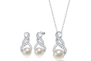 Clearine Mujer de plata de ley 925 Delicate Elegant CZ Cream perlas cultivadas en espiral infinito colgante collar gancho pendientes joyas set, Plata de ley, circonita cúbica, perla cultivada en agua