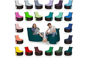 HomeIdeal - 2Farbiger Gamer Sitzsack Lounge für Erwachsene & Kinder - Indoor & Outdoor da er Wasserfest ist - mit EPS Perlen + Hocker, Farbe:Schwarz-Petrol, Größe:Erwachsene + 35x30 cm