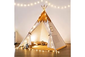 besrey Tipi Enfant avec Tapis Rembourré & Fixateur & Lumière, Pur Coton Naturel, Tente Enfant Interieur pour Garçon et Fille (Poussin Jaune)