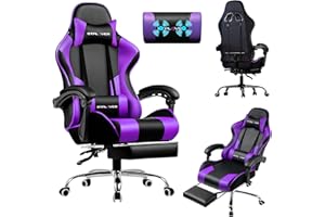 LUCKRACER Ergonomiczne krzesło do gier | Chowany podnóżek i zagłówek | Wsparcie 150 kg | Biuro i gospodarstwo domowe | Kolor fioletowy
