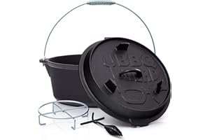 ‎BBQ NERD BBQ-Nerd© Dutch Oven "Professional" 13,6L mit Ständer | bereits eingebrannt - preseasoned | Gusseisen Feuertopf mit Deckel und integr. Bratpfanne | Feuerfester Grill & Camping Kochtopf mit Deckelheber