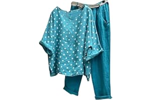 BASTWAHL Survetement Femme Été Deux Pièces Coton Et Lin Lâche Fluide Ensemble Sportwear Taille Haute Chic Imprimé Casual Col Rond Léger Set Outfit Loungewear