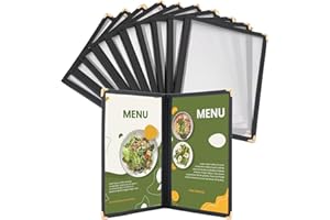 DASBET Couvertures de menu A5 pour menu de restaurant, 2 pages et 4 vues transparentes - Protège-menus noirs avec protections d'angle en métal - Convient pour les restaurants, bars, cafés (10, 2 pages