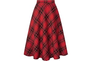 Belle Poque Damen Karierten Röcke Vintage Hoch Taillierte A-Linie Midi-Rock mit Taschen Vielseitige Faltenröcke für Damen