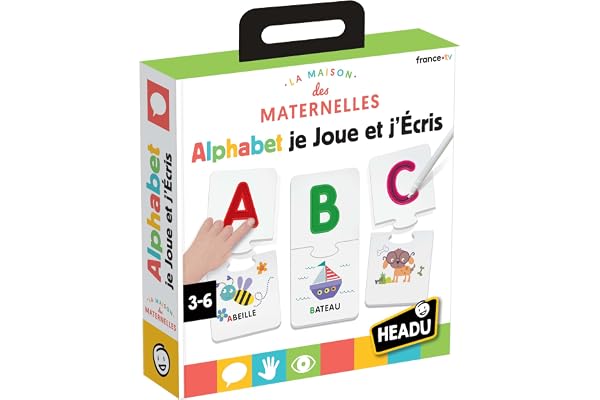 HEADU - Alphabet Je Joue Et J'Écris - Avec La Méthode Des Lettres En Creux | Jeu Educatif 3 4 5 6 Ans, En Collaboration Avec Les Maternelles, Jeu Pour Apprendre à Lire et à Écrire, cadeau pour enfants