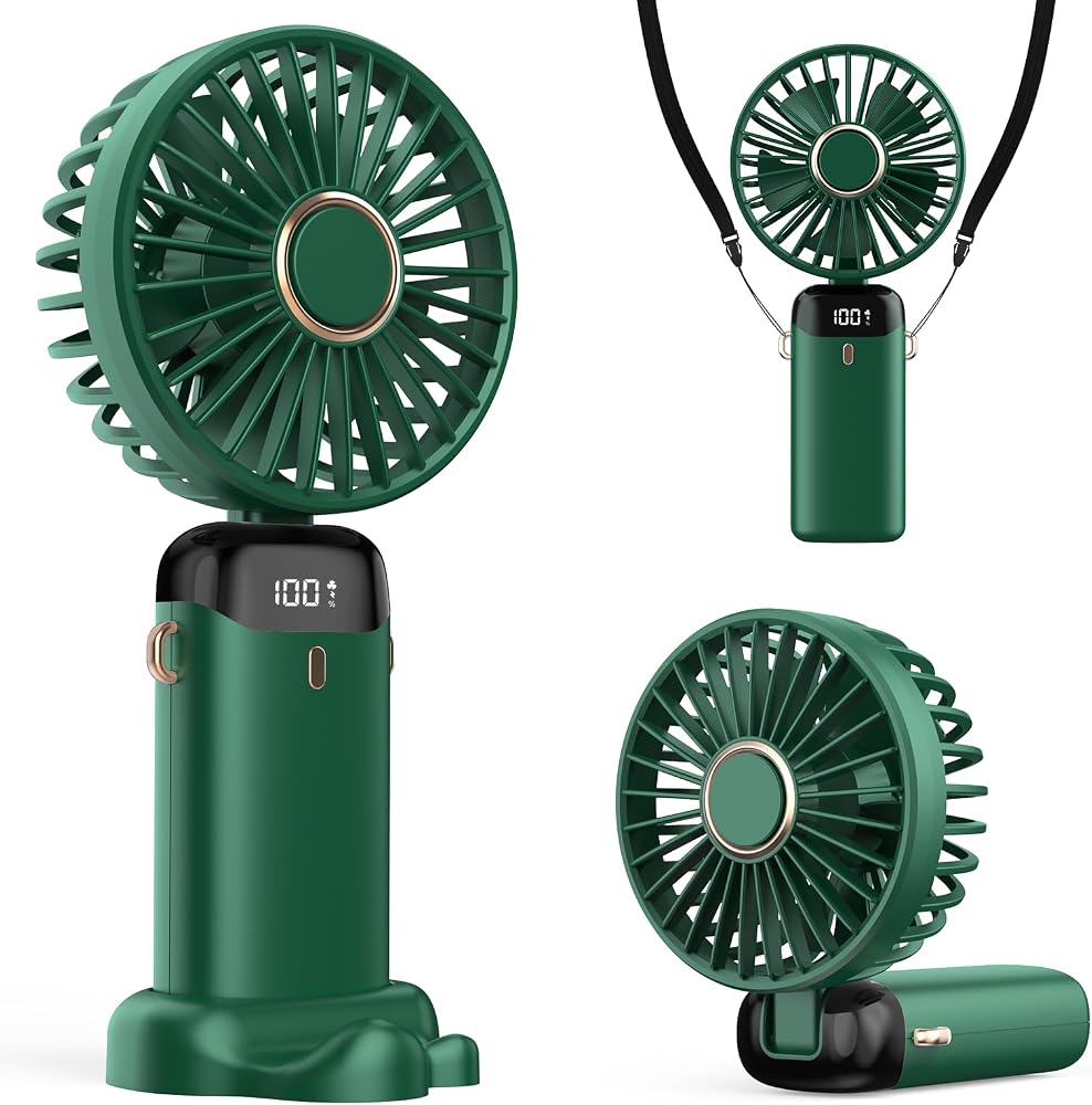 Refluxe Taşınabilir USB Vantilatör, 4200mAh Şarjlı El Tipi Fan, LED Ekranlı, 3'ü 1 Arada El/Boyun/Masa Fanı, Yaz, Ofis, Seyahat için, Kadınlar, Kızlar ve Çocuklara Hediye (Yeşil)