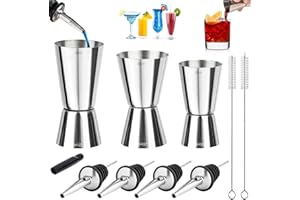 VZXQX 3 Pezzi Misurino Cocktail in Acciaio Inox, Dosatore Cocktail Misure Doppio 15/30 ml 20/40 ml 25/50 ml, Jigger Cocktail Graduato con 4 Versatore e 2 Spazzole per Gin, Vino, Bar, Bevande, Barista