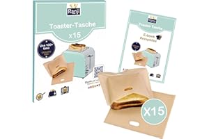 RANJI® 15x Toaster Bags – Wiederverwendbare Toast Taschen & Toaster Tüten BPA-frei | Toastabags für Sandwich, Pizza, Muffins | Antihaft Toast Tüten für Toaster, Ofen, Panini, Mikrowelle