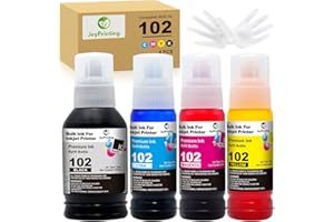 JoyPrinting 102 Ink Replacement for Epson 102 Ink Bottle Refills Compatible with Epson EcoTank ET-2750 ET-2700 ET-2756 ET-2850 ET-2856 ET-2851 ET-3700 ET-3750 ET-4750 ET-4850 ET-4856 (BK/C/M/Y, 4-PK)