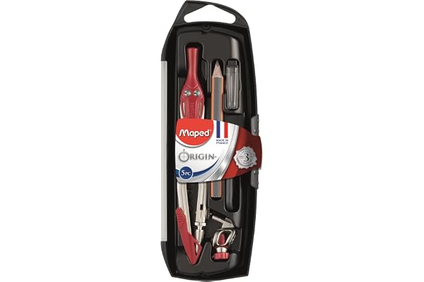 Maped - Coffret Compas Origin 5 Pièces-Fabrication Française-Compas Scolaire Mine + Bague Universelle + Étui-Mines + Porte-Mine + Taille-Mines -Avec Mine + Branches en Acier - Multicolor
