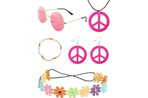 Heartsking 5 Pièces 60s Accessoires Hippie, Annees 70 Bandeaux Bracelets en Perles Lunettes Colliers et Boucles d'oreilles de la Paix, Accessoires Hippie pour Halloween Soirée Disco