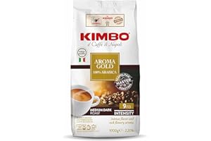 Café en grains Kimbo Gold 100% Arabica, torréfaction foncée, excellent pour les lattés ou les cappuccinos, sachet de 1 kg