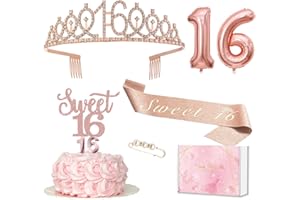 Deko 16 Geburtstag Mädchen, 16. Geburtstagskrone und Schärpe, Tortendeko Geburtstag und Kerzen, Roségold Folienballon 16, 16. Geschenk für Mädchen zum Geburtstagsparty Deko Supplies