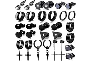 Upeilxd Black Earrings Set for Men Stainless Steel Men Ear Studs Screw Earrings Zircon Studs Barbell Studs Ear Hoops for Men Set Jewelry for Birthday Valentine's Day