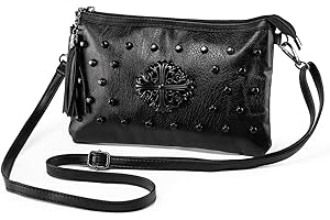 LaRechor Bolso Bandolera Mujer Pequeño Bolso de Mano con Remache y Borla Bolso de Hombro de Noche, Asa y Correa, Negro