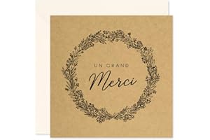 popcarte Remerciements • Lot de 16 Cartes & 16 Enveloppes Blanches Incluses • Kraft avec Jolie Illustration Couronne Fleurs • Carte Made in France 10x10cm • Idéal Remerciements Mariage