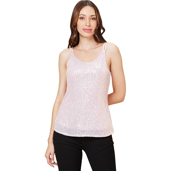 MANER Women’s Sparkle Sequin Tank Top – Glitter Party Camisole With Adjustable Straps, Pink - View #4