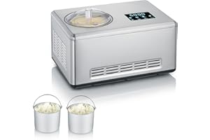 ‎SEVERIN SEVERIN 2-in-1 Eismaschine mit Joghurtfunktion, Kompressor Ice Cream Maker für Eis, Sorbet und Frozen Joghurt, Speiseeismaschine inkl. zwei Eisbehälter, Edelstahl-gebürstet, EZ 7406