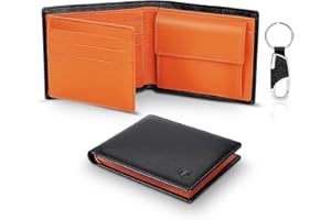 TEEHON® Wallets Mens Slim RFID Blocking Genuine Leather with Coin Pocket & Key Holder, 2 Banknote Compartments, 10 Credit Card Holders (ID Window), Wallet for Men with Gift Box-Black and Orange