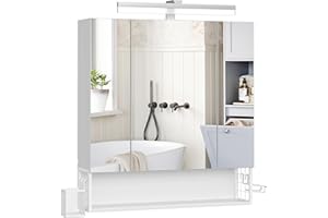 VASAGLE Mobile da Bagno con Illuminazione LED, 16,5 x 70 x 75 cm, Cestino Sospeso, Supporto per Asciugacapelli, per Lavabo, Bianco Nuvola BBK126W01