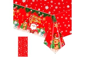 BESMRPG Christmas Table Cloth,Red Santa Tablecloths Rectangular Large,Xmas Decorations,Merry Christmas,Disposable Tables Protectors Cover Cloths Decor,PVC Plastic Foldable,Waterproof Wipe Clean(137x274cm)