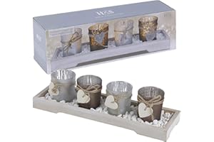 URBNLIVING Home Decor 4 Tea Light Holder With Wooden Tray (Brown and White)