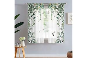 Odot Halbtransparente Vorhänge mit Stangentasche, 3D Grün Blatt Muster Voile Gardinenvorhang 2 er Set Fensterschal Moderne Vorhänge Fenster für Wohnzimmer Schlafzimmer (Zweig,130x120cm)