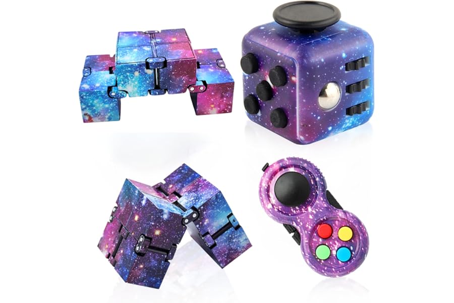 Cuackamily 3-Piece Fidget Toy Set - Galaxy Fidget Cube, Pad, Infinity Cube - Stress & Anxiety Relief for ADHD, ADD, Autism, Adults & Kids