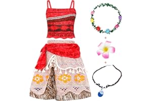 Jurebecia Kids Moana Dress Adventure Outfits Set for Girls Princess Dresses Strappy Child Clothes with printed necklace and attached sash and Headbands Halloween Birthday Party 5-6 Years