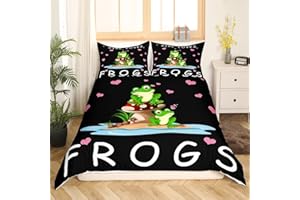 Homemissing Set di biancheria da letto per letto singolo, motivo rana in stile cartone animato, con funghi, per bambini, ragazzi, ragazze, adolescenti, animali 3D, con copripiumino traspirante nero