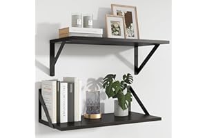 Feihorrm Black Shelves, 40 cm Floating Shelves, Wall Mounted Shelf Set of 2 with Metal Bracket, 20 cm Deep Wooden Wall Book Shelf for Bedroom, Bathroom, Living Room, Kitchen, Black, 40 x 20 x 12.5 cm