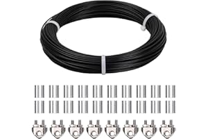CATIME 50m Filo in Acciaio Inox 3mm, Cavo Inossidabile Rivestito PVC 7x7 con 8 Morsetti Fune, 20 Manicotti Alluminio, Flessibile Sospensione Fune Metallica Giardino Appendere Stendibiancheria (Nero-3mm)