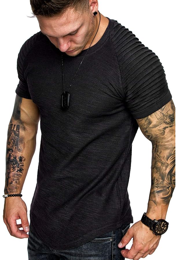 T-Shirt Henley Muscle Cmdr Homme - 100% Coton, Manches Courtes/Longues - Coupe Slim, Noir/Gris/Marron